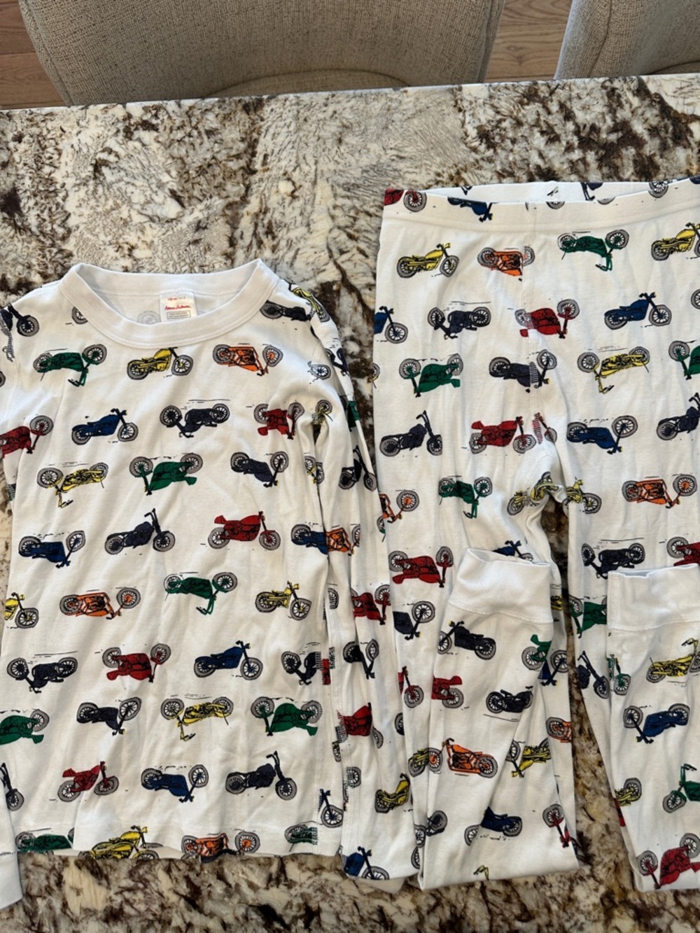 Hanna Andersson White Pajama Set with Red, Green, Blue & Yellow Motorcycles